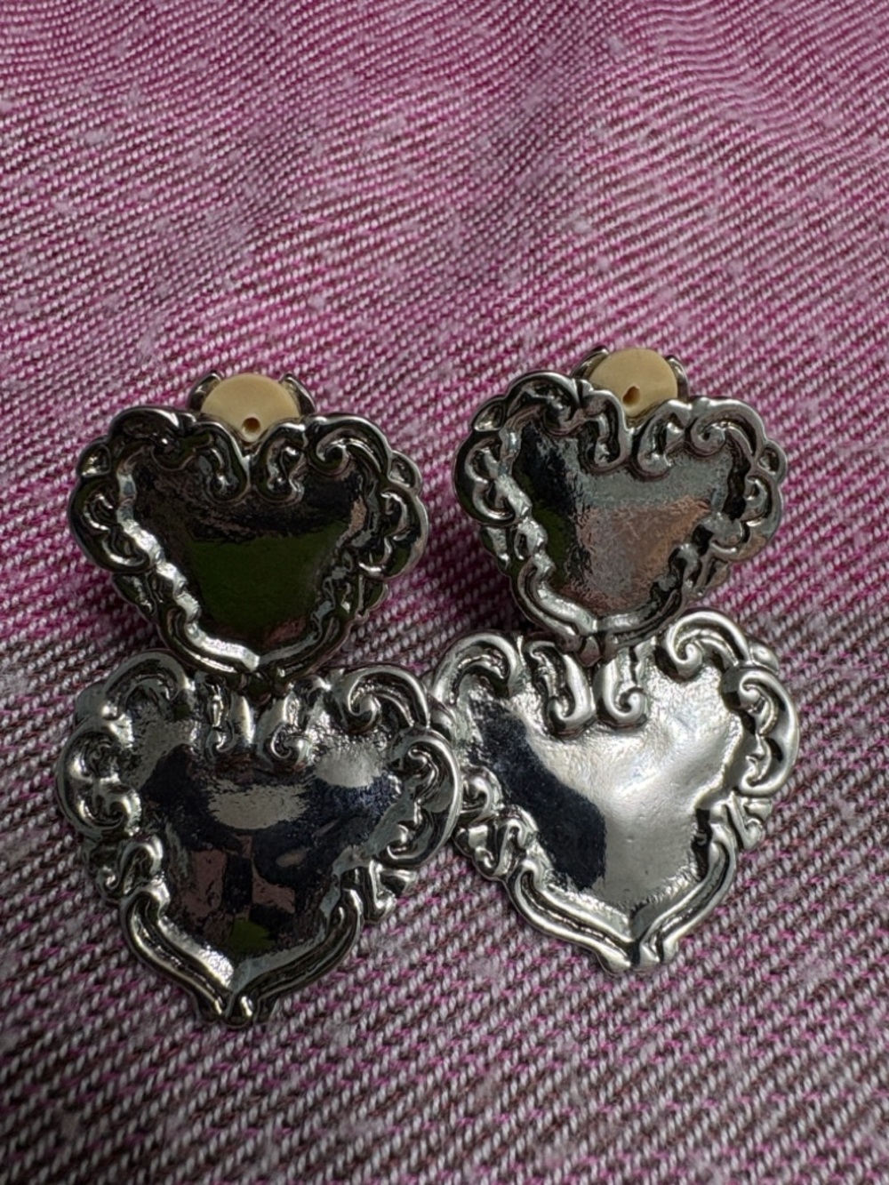 Silver Tone Heart Drop Earrings - Double Heart Dangle - Picture 3 of 3